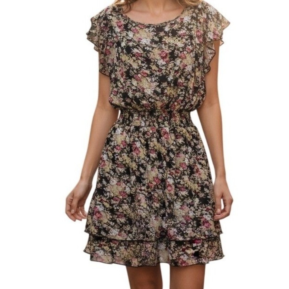 EXPRESS Floral Chiffon Smocked Waist Metallic Accents Dress Black Slip EUC Small